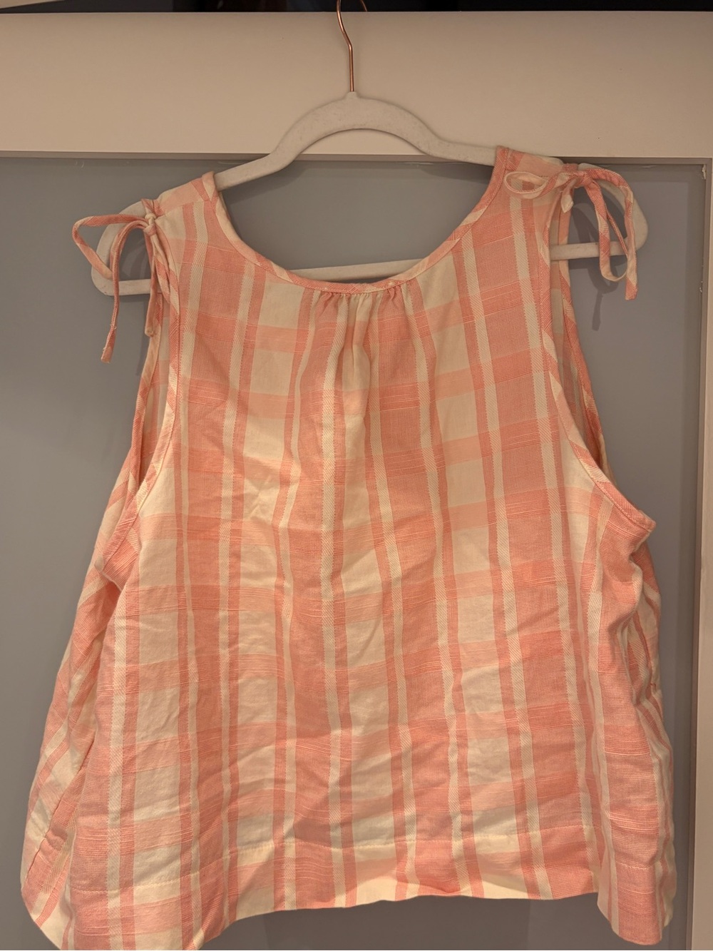 Madewell Pink Ivory Plaid Tie Shoulder Cotton Top XL - Picture 5 of 5